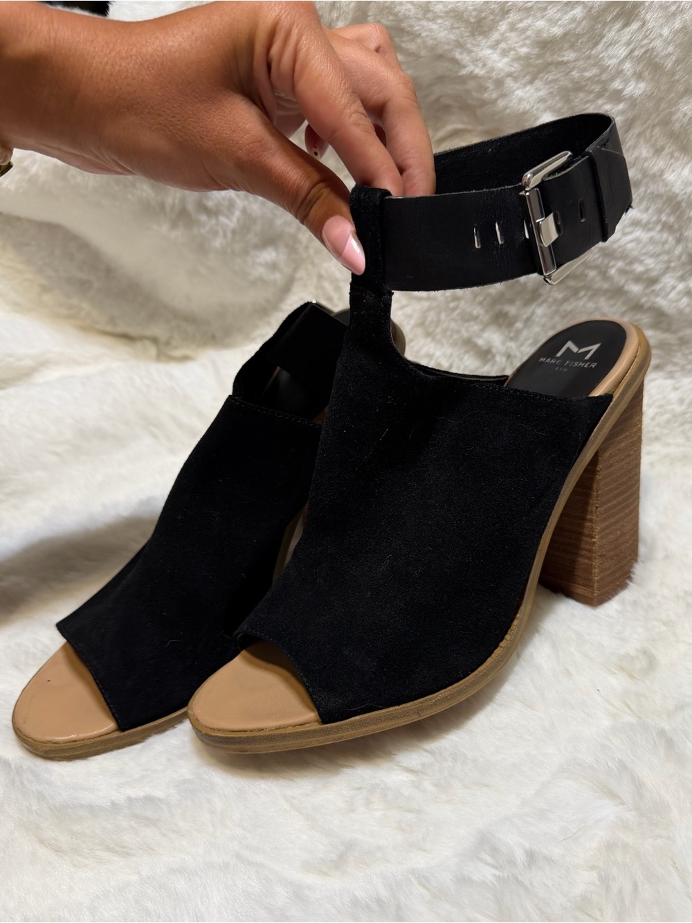 Marc Fisher Mlvashi Black Suede Open-Toe Block Heels with Ankle Strap